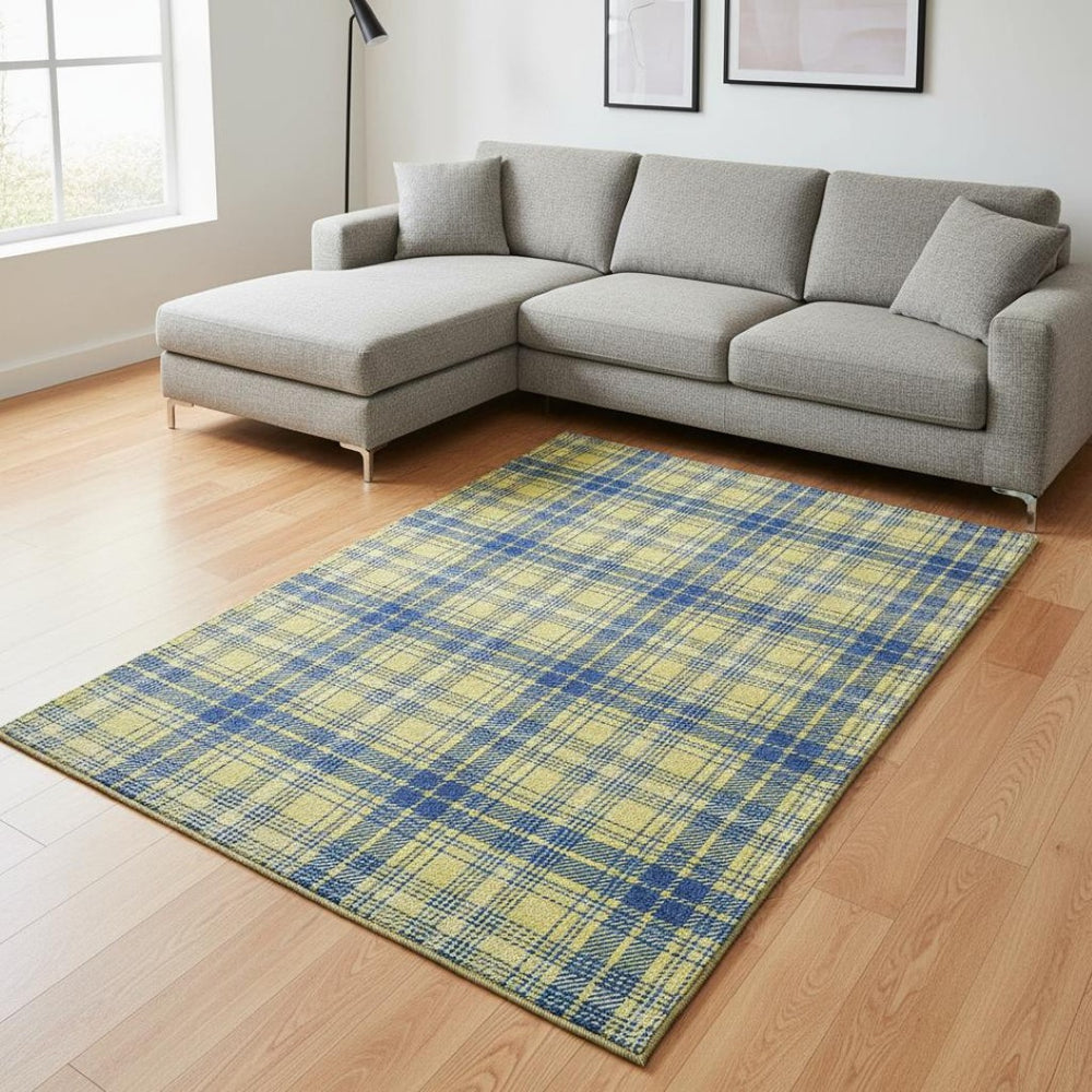 HomeRoots 9' X 12' Yellow Ivory Blue Plaid Washable Area Rug - Stain Resistant, UV Protected & Easy Care! 678268