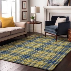 HomeRoots 9' X 12' Yellow Ivory Blue Plaid Washable Area Rug - Stain Resistant, UV Protected & Easy Care! 678268