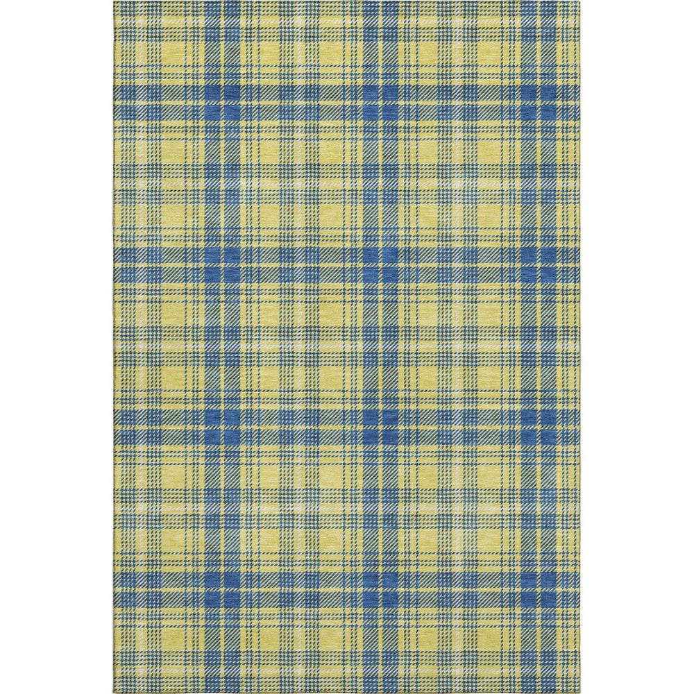 HomeRoots 9' X 12' Yellow Ivory Blue Plaid Washable Area Rug - Stain Resistant, UV Protected & Easy Care! 678268