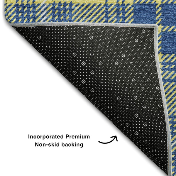 HomeRoots 9' X 12' Yellow Ivory Blue Plaid Washable Area Rug - Stain Resistant, UV Protected & Easy Care! 678268