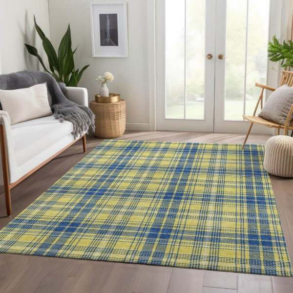 HomeRoots 9' X 12' Yellow Ivory Blue Plaid Washable Area Rug - Stain Resistant, UV Protected & Easy Care! 678268