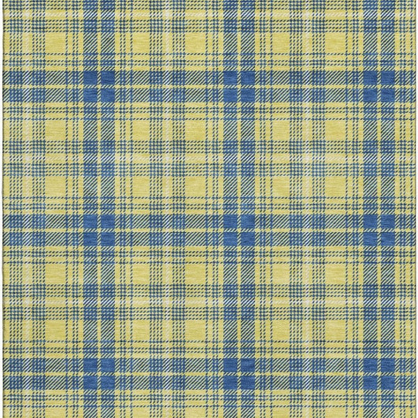 HomeRoots 9' X 12' Yellow Ivory Blue Plaid Washable Area Rug - Stain Resistant, UV Protected & Easy Care! 678268