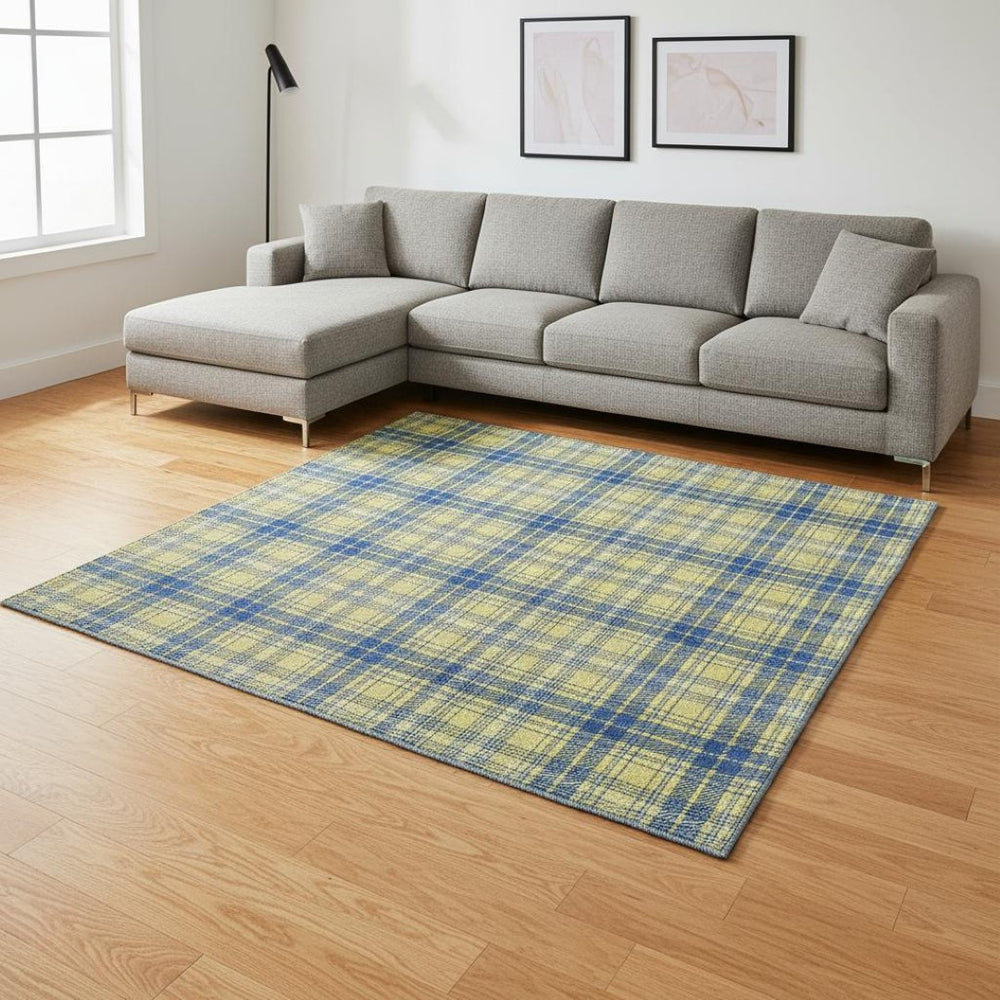 HomeRoots 10' X 14' Stylish Yellow, Ivory & Blue Plaid Washable Area Rug with UV Protection for Easy Care 678269