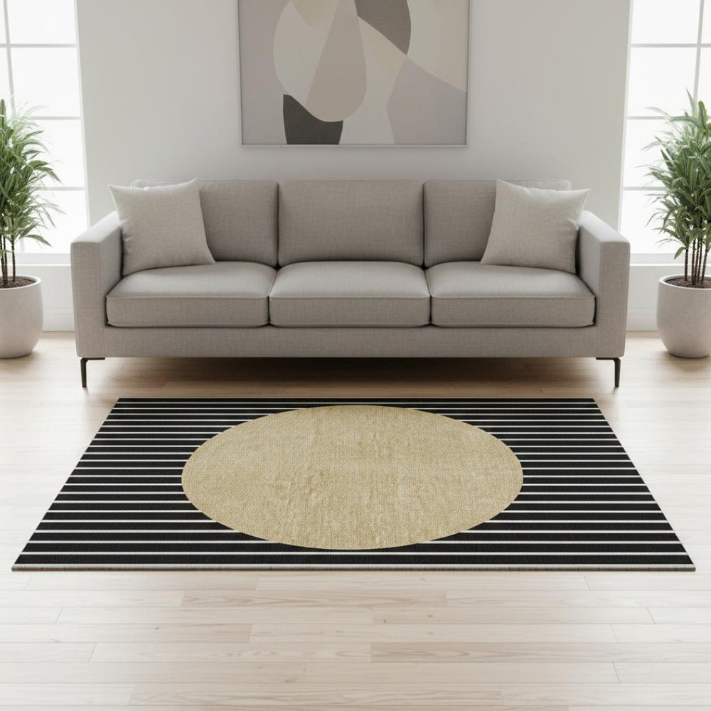 HomeRoots 5' X 8' Washable Black, Ivory & Gold Striped Area Rug with UV Protection for Homes with Kids & Pets 678271