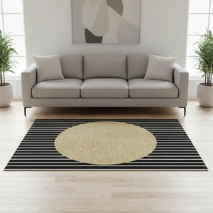HomeRoots 5' X 8' Washable Black, Ivory & Gold Striped Area Rug with UV Protection for Homes with Kids & Pets 678271