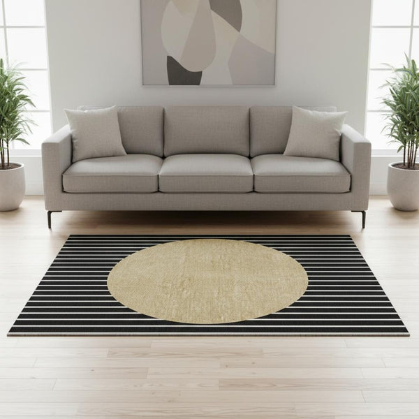 HomeRoots 5' X 8' Washable Black, Ivory & Gold Striped Area Rug with UV Protection for Homes with Kids & Pets 678271