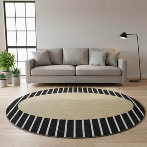 HomeRoots 8' Black Ivory Gold Striped Washable Round Rug with UV Protection for Active Homes & Easy Care 678272