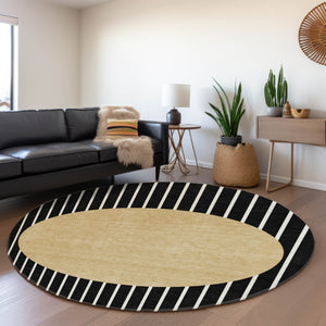 HomeRoots 8' Black Ivory Gold Striped Washable Round Rug with UV Protection for Active Homes & Easy Care 678272