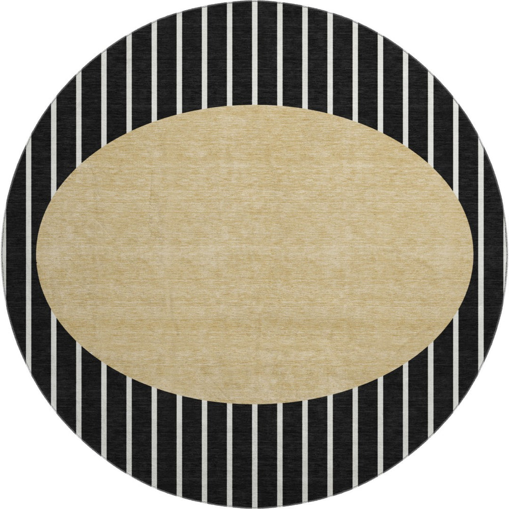HomeRoots 8' Black Ivory Gold Striped Washable Round Rug with UV Protection for Active Homes & Easy Care 678272