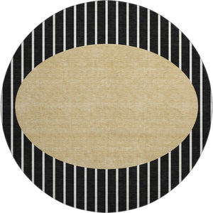 HomeRoots 8' Black Ivory Gold Striped Washable Round Rug with UV Protection for Active Homes & Easy Care 678272