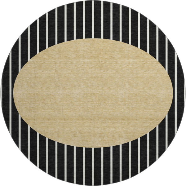 HomeRoots 8' Black Ivory Gold Striped Washable Round Rug with UV Protection for Active Homes & Easy Care 678272