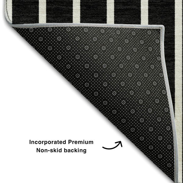 HomeRoots 8' Black Ivory Gold Striped Washable Round Rug with UV Protection for Active Homes & Easy Care 678272