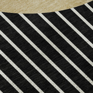 HomeRoots 8' Black Ivory Gold Striped Washable Round Rug with UV Protection for Active Homes & Easy Care 678272