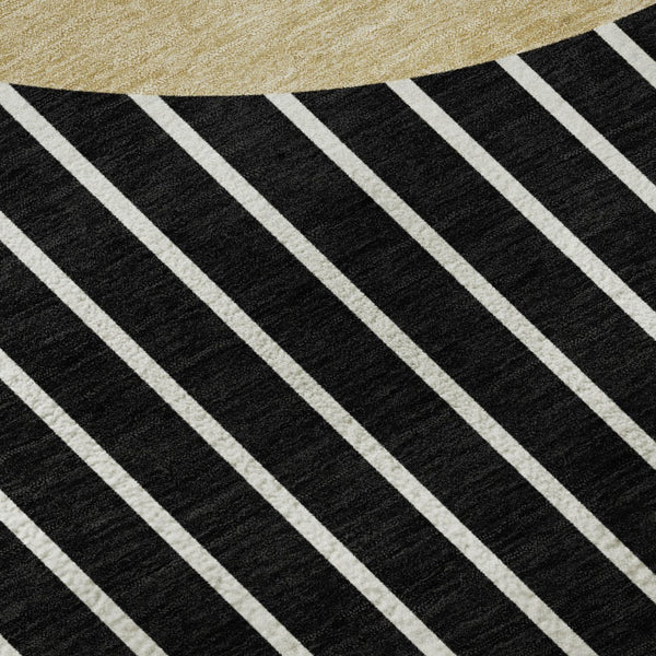 HomeRoots 8' Black Ivory Gold Striped Washable Round Rug with UV Protection for Active Homes & Easy Care 678272