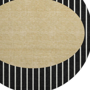 HomeRoots 8' Black Ivory Gold Striped Washable Round Rug with UV Protection for Active Homes & Easy Care 678272