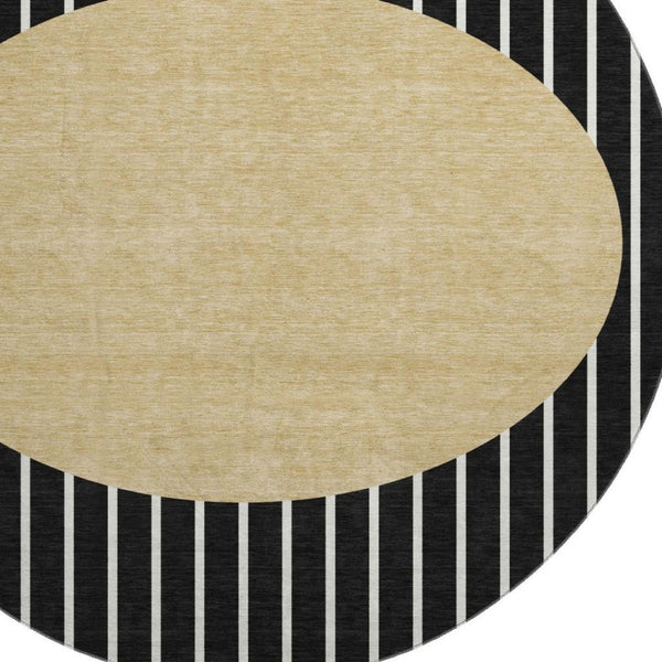 HomeRoots 8' Black Ivory Gold Striped Washable Round Rug with UV Protection for Active Homes & Easy Care 678272