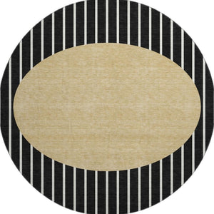 HomeRoots 8' Black Ivory Gold Striped Washable Round Rug with UV Protection for Active Homes & Easy Care 678272