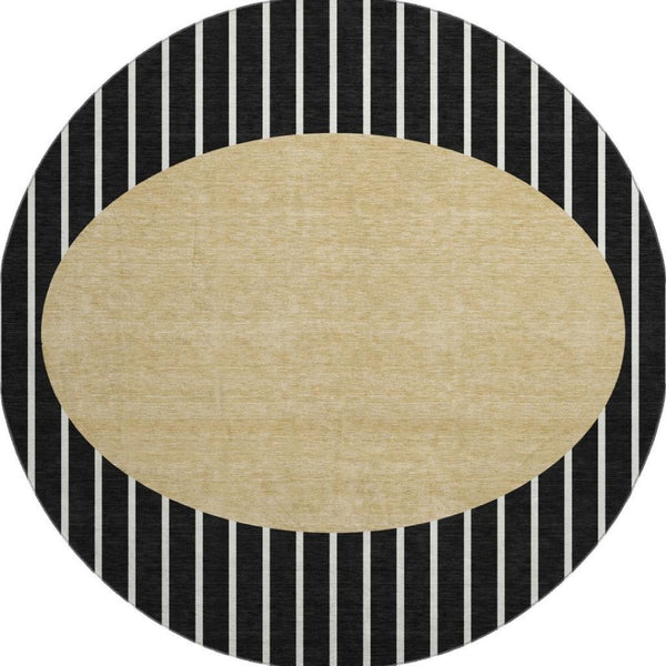 HomeRoots 8' Black Ivory Gold Striped Washable Round Rug with UV Protection for Active Homes & Easy Care 678272