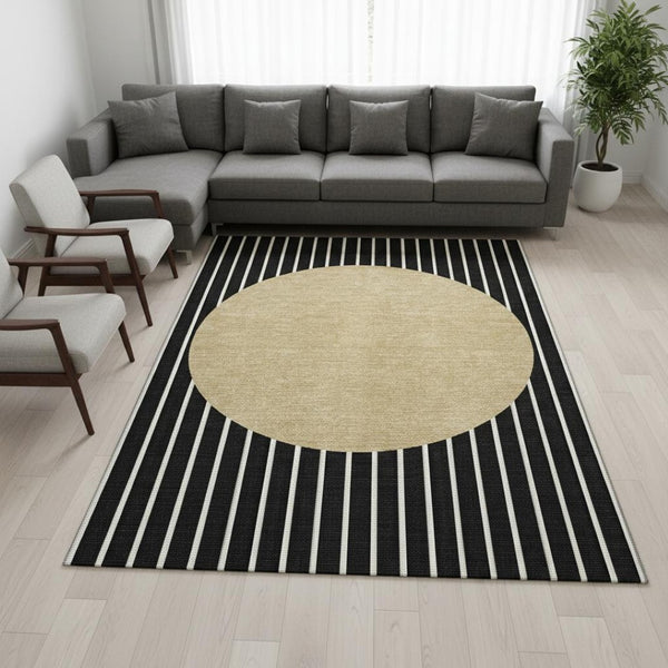 HomeRoots 8' X 10' Striped Washable Area Rug in Black, Ivory & Gold – Stain Resistant, UV Protected, Durable Design 678273