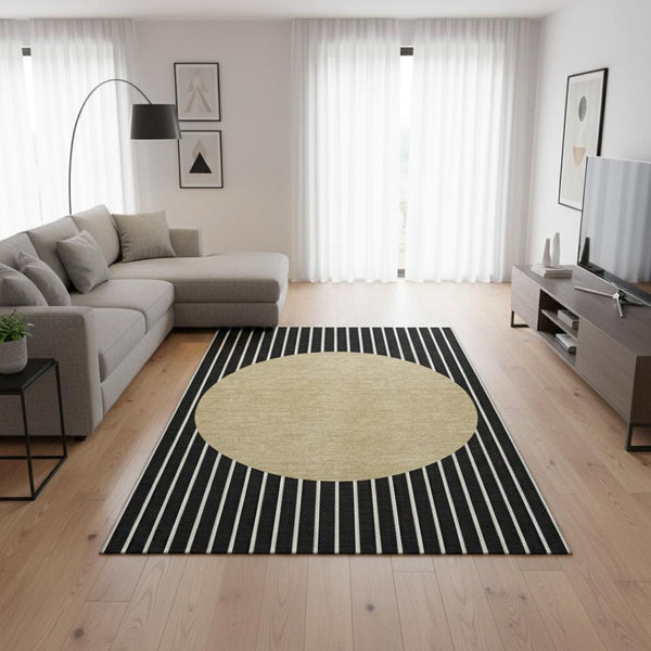 HomeRoots 9' X 12' Luxurious Black, Ivory & Gold Striped Washable Rug with UV Protection for Busy Homes 678274