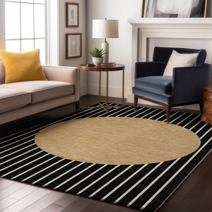 HomeRoots 9' X 12' Luxurious Black, Ivory & Gold Striped Washable Rug with UV Protection for Busy Homes 678274