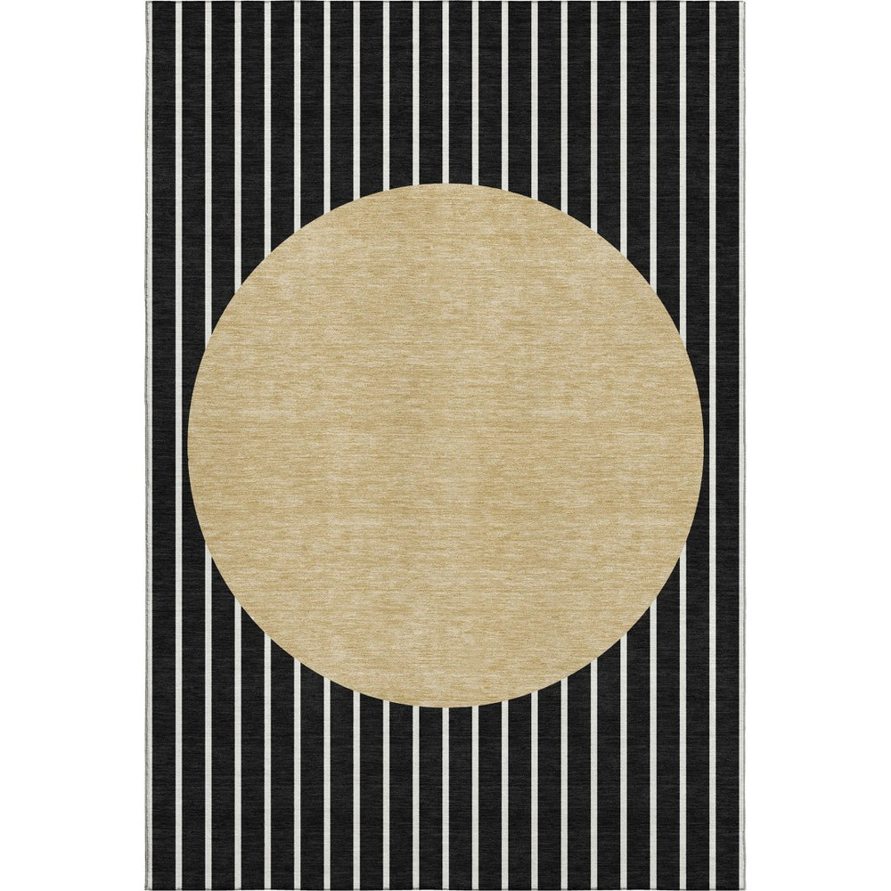 HomeRoots 9' X 12' Luxurious Black, Ivory & Gold Striped Washable Rug with UV Protection for Busy Homes 678274