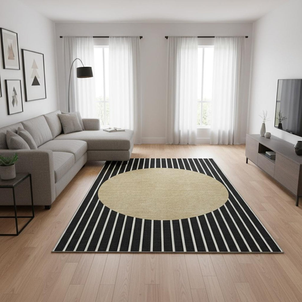 HomeRoots 10' X 14' Black Ivory & Gold Striped Washable Area Rug - Durable, Stylish, UV Protected for Homes 678275