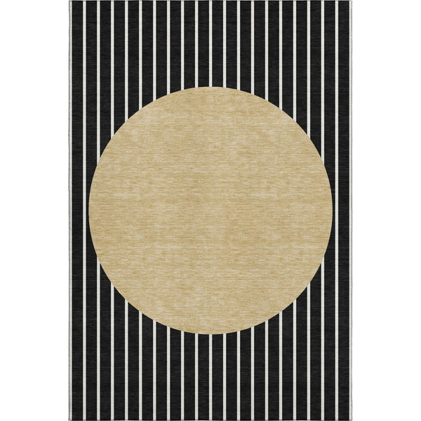 HomeRoots 10' X 14' Black Ivory & Gold Striped Washable Area Rug - Durable, Stylish, UV Protected for Homes 678275