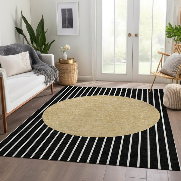 HomeRoots 10' X 14' Black Ivory & Gold Striped Washable Area Rug - Durable, Stylish, UV Protected for Homes 678275