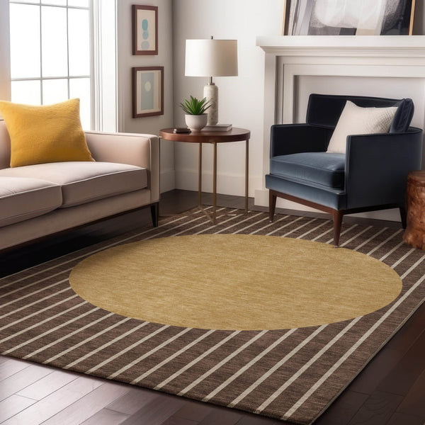 HomeRoots 5' X 8' Striped Washable Area Rug in Brown, Ivory & Gold - UV Protected, Durable & Stylish Decor 678277