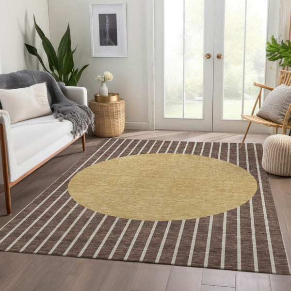 HomeRoots 5' X 8' Striped Washable Area Rug in Brown, Ivory & Gold - UV Protected, Durable & Stylish Decor 678277