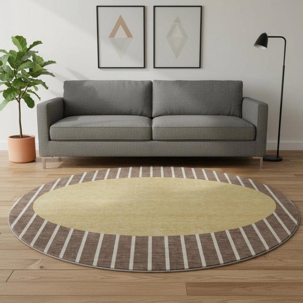 HomeRoots 8' Brown Ivory and Gold Striped Washable Round Rug – UV Protected, Stylish, Durable for Homes 678278