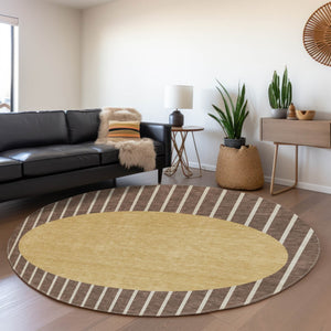 HomeRoots 8' Brown Ivory and Gold Striped Washable Round Rug – UV Protected, Stylish, Durable for Homes 678278