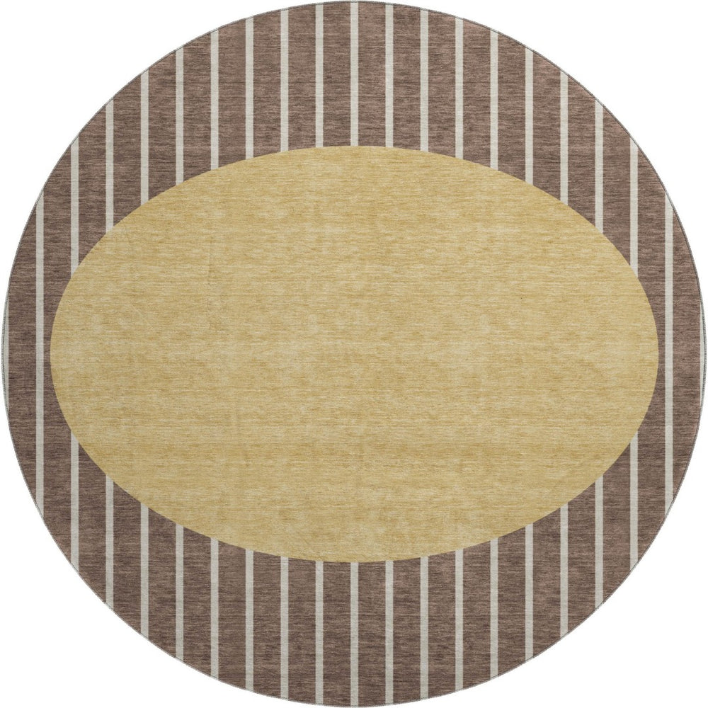 HomeRoots 8' Brown Ivory and Gold Striped Washable Round Rug – UV Protected, Stylish, Durable for Homes 678278