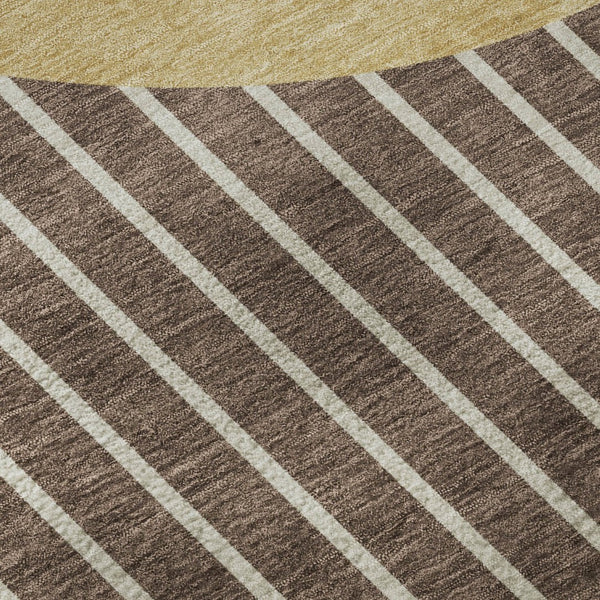 HomeRoots 8' Brown Ivory and Gold Striped Washable Round Rug – UV Protected, Stylish, Durable for Homes 678278