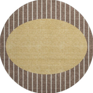 HomeRoots 8' Brown Ivory and Gold Striped Washable Round Rug – UV Protected, Stylish, Durable for Homes 678278