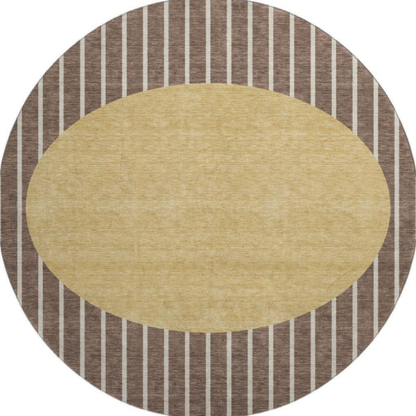 HomeRoots 8' Brown Ivory and Gold Striped Washable Round Rug – UV Protected, Stylish, Durable for Homes 678278