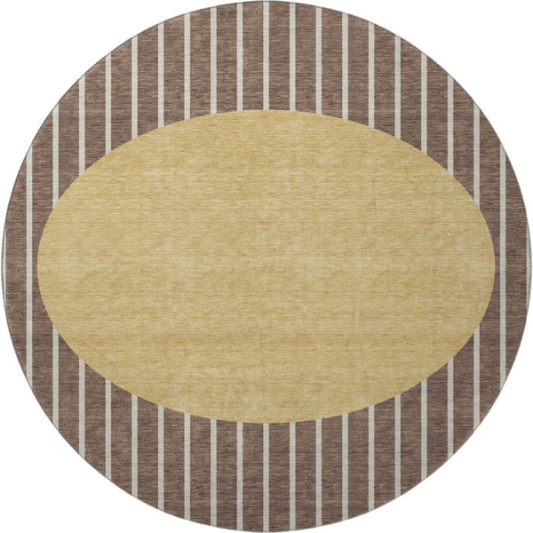 HomeRoots 8' Brown Ivory and Gold Striped Washable Round Rug – UV Protected, Stylish, Durable for Homes 678278