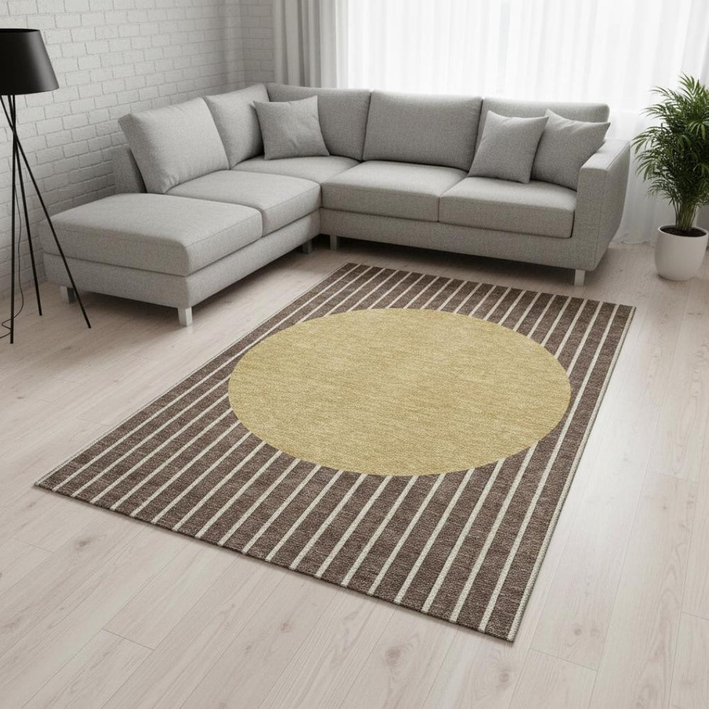 HomeRoots 9' X 12' Elegant Brown Ivory Gold Striped Area Rug - Washable, UV Protected for Family Spaces! 678280