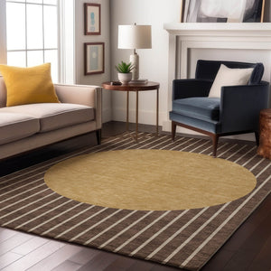 HomeRoots 9' X 12' Elegant Brown Ivory Gold Striped Area Rug - Washable, UV Protected for Family Spaces! 678280