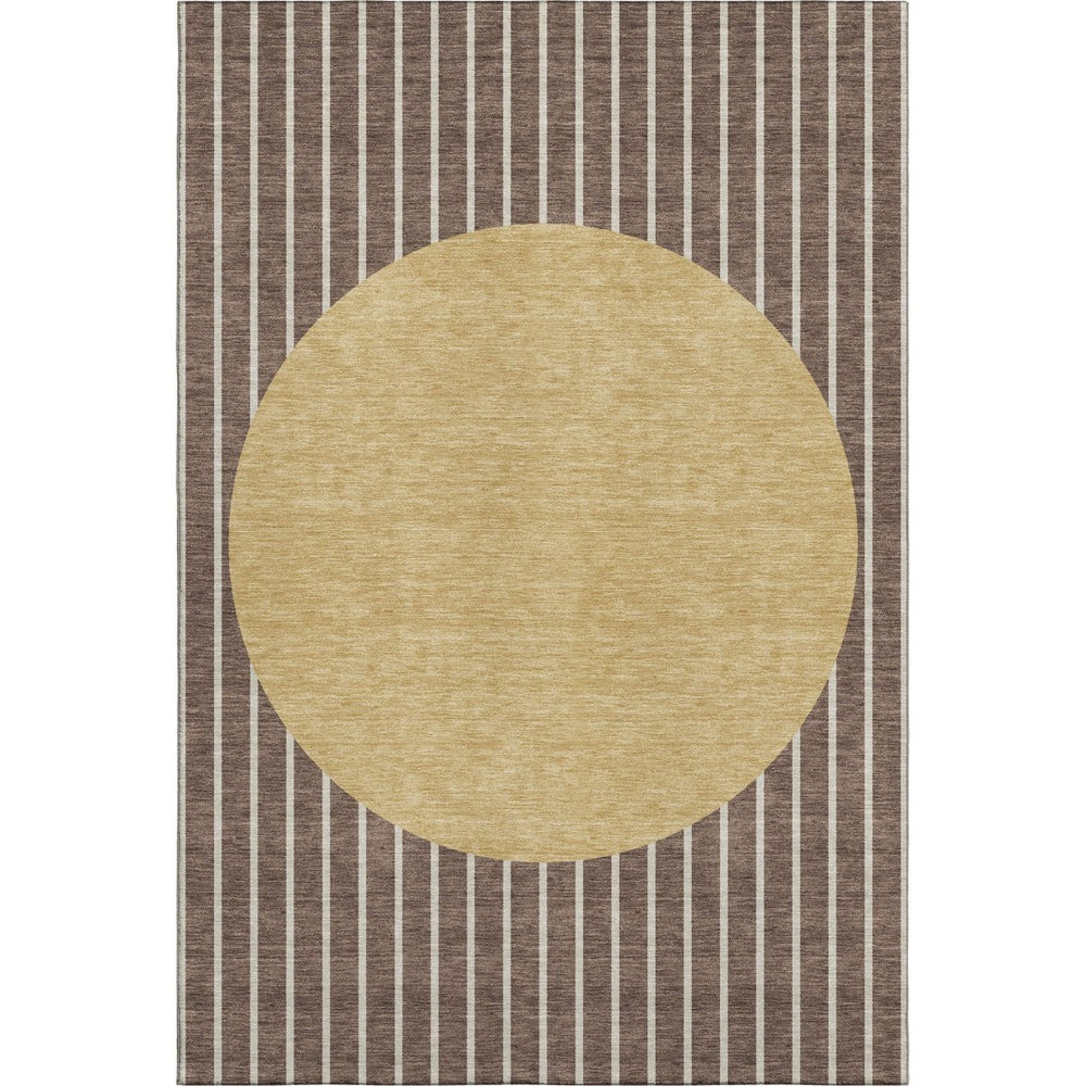 HomeRoots 9' X 12' Elegant Brown Ivory Gold Striped Area Rug - Washable, UV Protected for Family Spaces! 678280