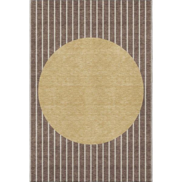 HomeRoots 9' X 12' Elegant Brown Ivory Gold Striped Area Rug - Washable, UV Protected for Family Spaces! 678280