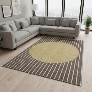 HomeRoots 10' X 14' Brown Ivory Gold Striped Washable Area Rug – Durable, UV-Protected, Easy-Clean Design! 678281