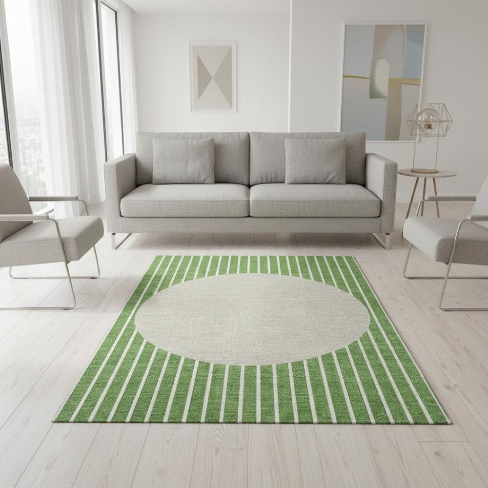 HomeRoots 5' Stylish Green Ivory Beige Striped Washable Area Rug - UV Protected, Durable & Easy Care! 678283