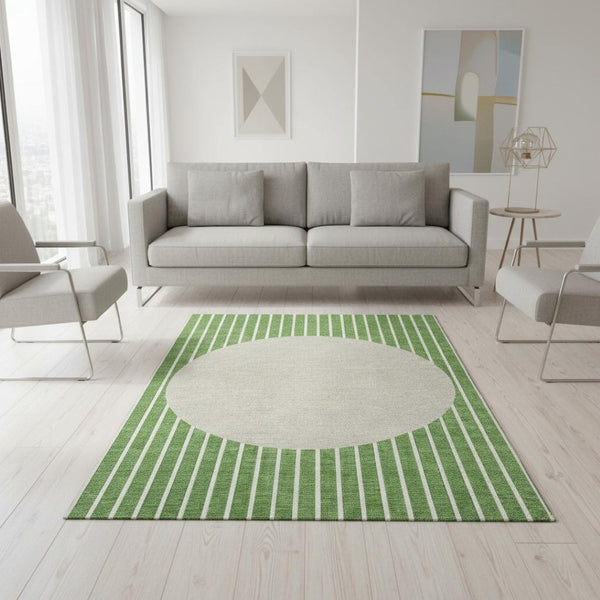 HomeRoots 5' Stylish Green Ivory Beige Striped Washable Area Rug - UV Protected, Durable & Easy Care! 678283