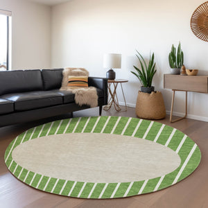 HomeRoots 8' Green Ivory And Beige Striped Washable Round Rug - Durable, Stylish, UV-Protected for Homes! 678284