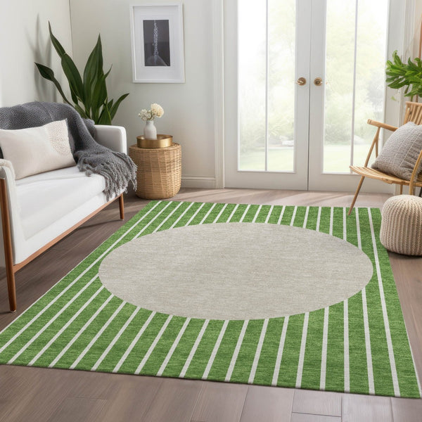 HomeRoots 8' X 10' Striped Area Rug in Green, Ivory, and Beige - Washable, UV-Protected, Durable Design! 678285