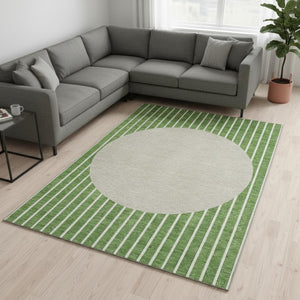 HomeRoots 9' X 12' Striped Area Rug in Green, Ivory & Beige – Washable, UV-Protected, Durable for Families 678286