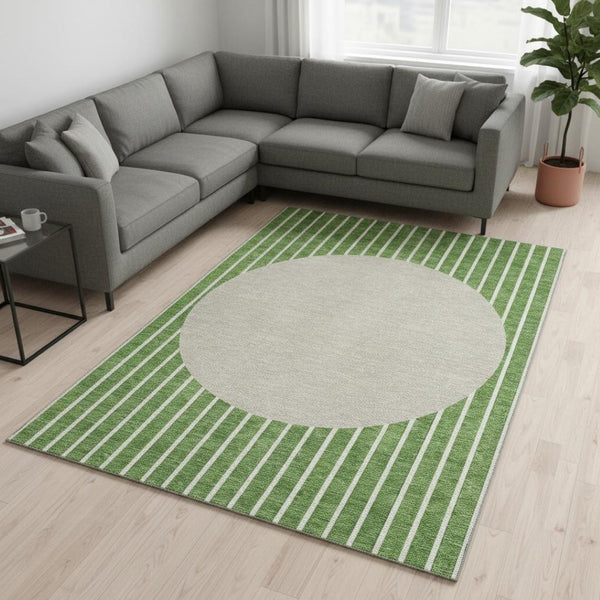 HomeRoots 9' X 12' Striped Area Rug in Green, Ivory & Beige – Washable, UV-Protected, Durable for Families 678286
