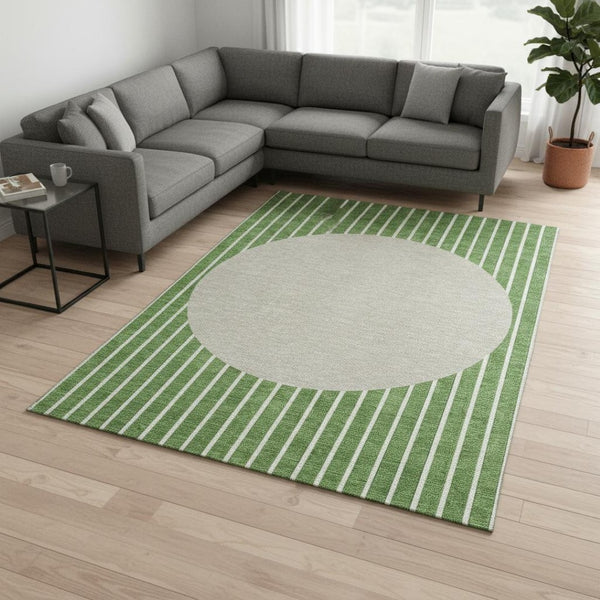 HomeRoots 10' Striped Green Ivory Beige Washable Area Rug with UV Protection for Durable Indoor & Outdoor Use 678287